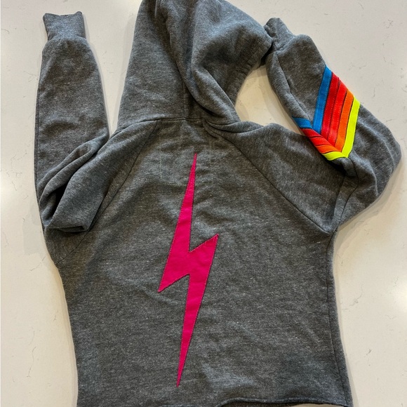 Aviator Nation Gray Cropped Hoodie with Rainbow and Lightning Bolt - Picture 6 of 14